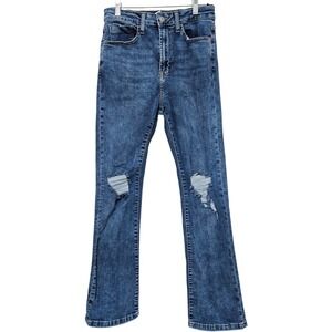 Y2K Style High Rise Distressed Bootcut Jeans Indie Grunge Faded Blue Stretch 28